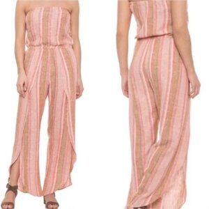 Drew Womens Medium Pink & Yellow Striped Jumpsuit romper lien blend slit up side